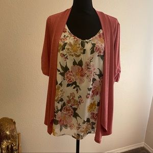 Pink Sweater Cardigan with Attached
Floral an rose Tank Top